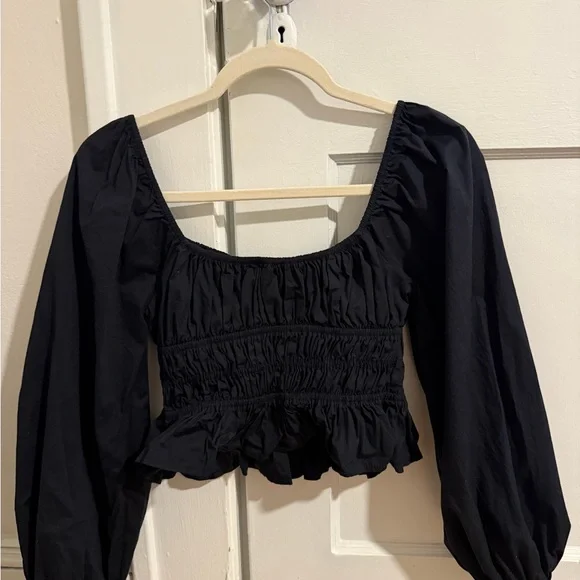 STAUD Black Smocked Blouse with Puff Sleeves - Picture 3 of 5